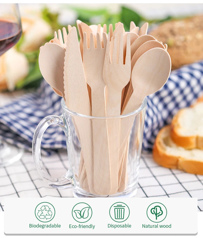 Premium 160mm Biodegradable Eco-Friendly Disposable Cutlery Customized Wooden Utensils Set of Forks Spoons Knives