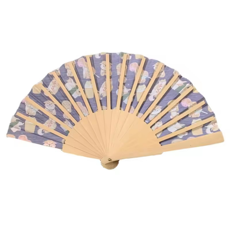 Customized Big Folding Bamboo Hand Fan Fabric Logo Black Hand Held Fan Personalized Hand Fan