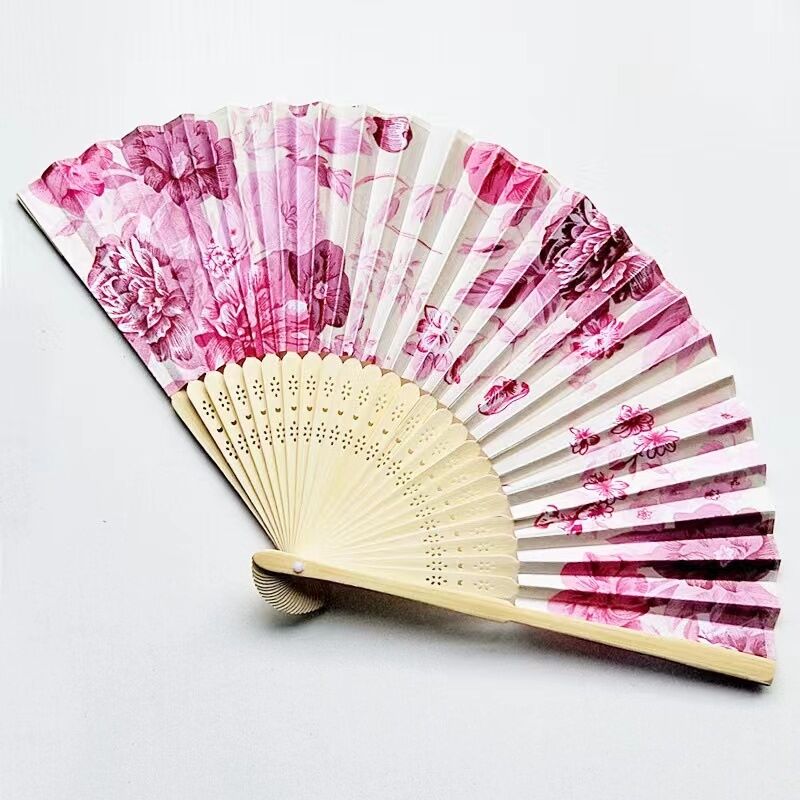 Personalized 21cm Bamboo Folding Hand Fan with Silk and Custom Logo for Wedding Favors